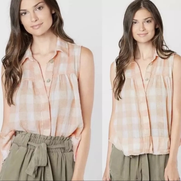 Free People Hey There pink button up collar tank Size Large Plaid Pink White $78 - Picture 1 of 9